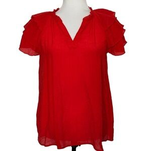 Nanette‎ Lepore Top Ruffle Sleeve Blouse V Neck Red Size S